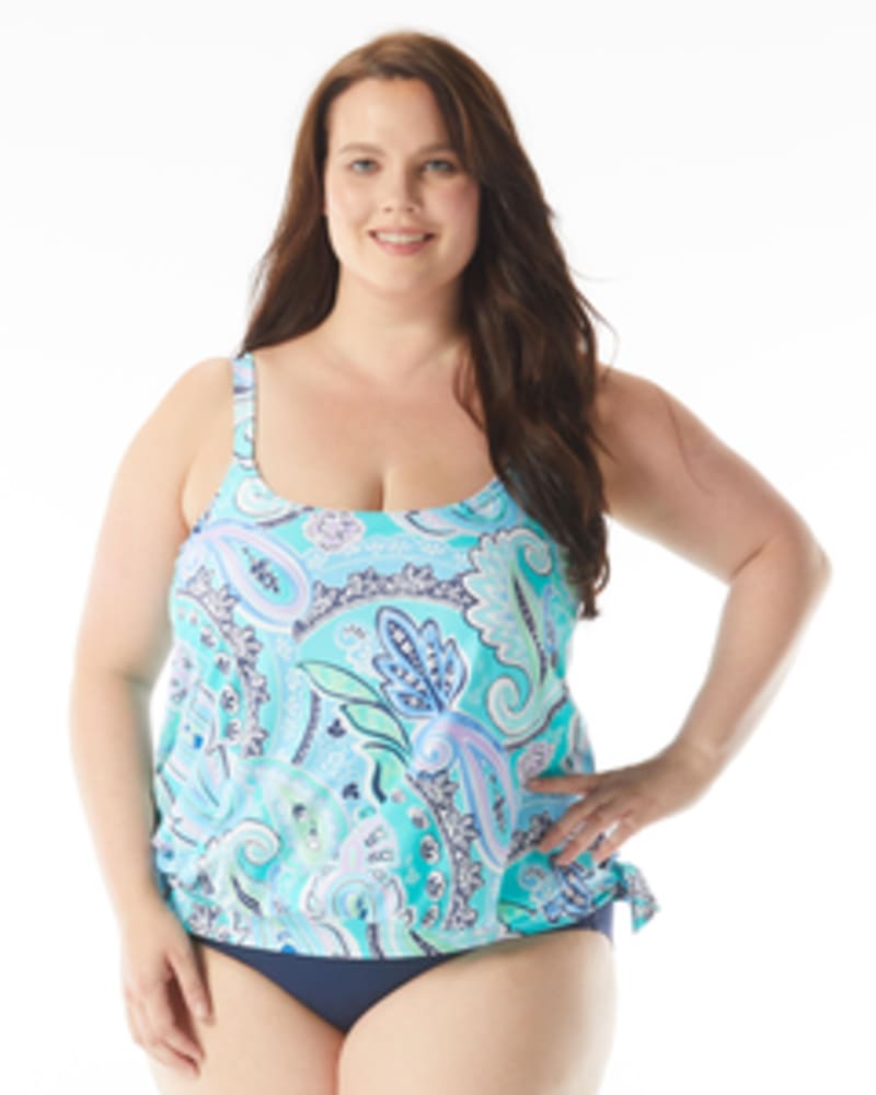 Front of a model wearing a size 16W Sarah Side Tie Tankini Swim Top in PARADISE PERI by Beach House Woman. | dia_product_style_image_id:269194